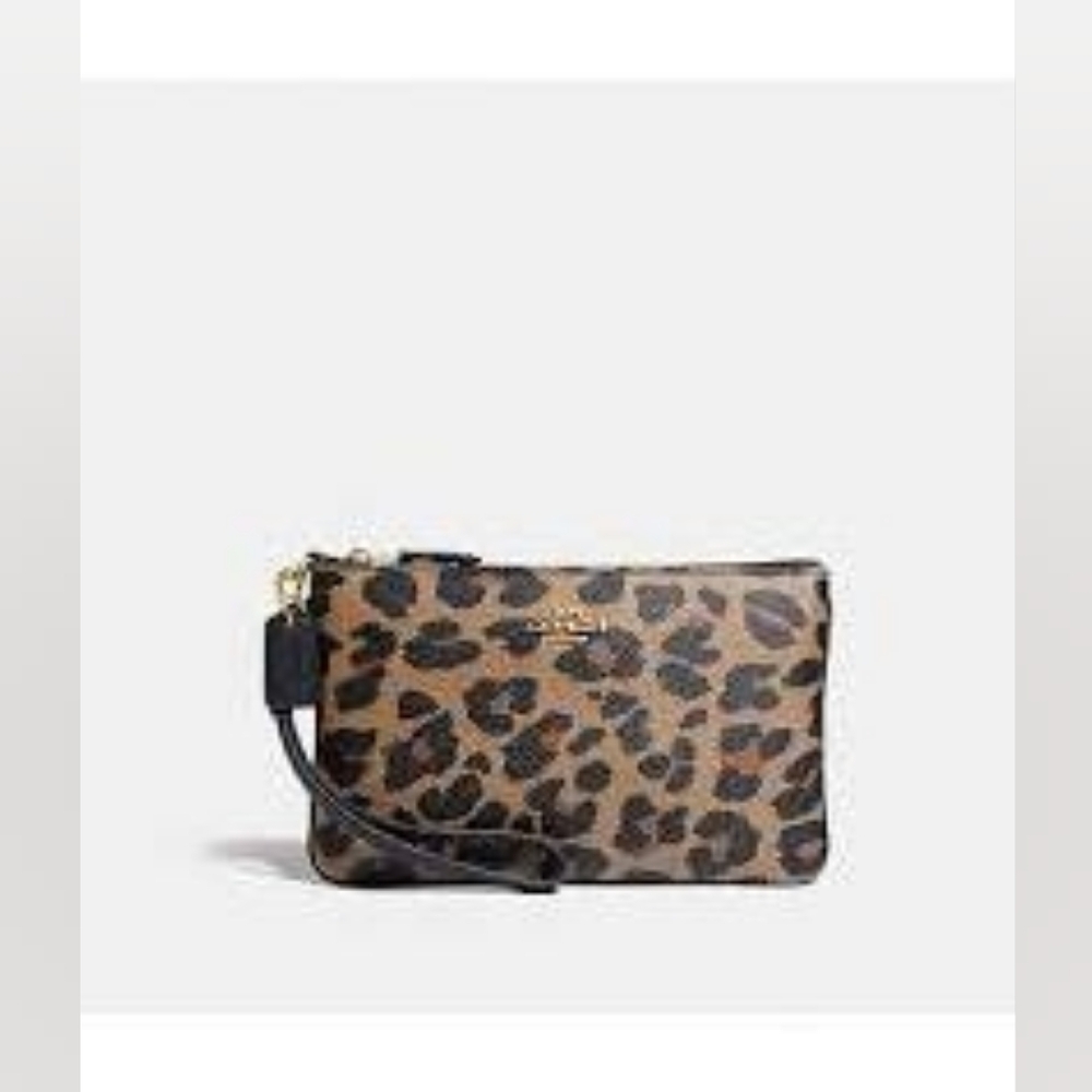 COACH Leopard-Print Leather Wristlet in Brown and Black